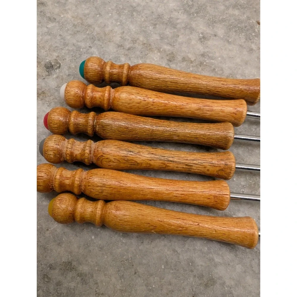 Vintage Fondue Forks Skewers Set of 6 Wooden Color Coded Mid Century Retro 1970s